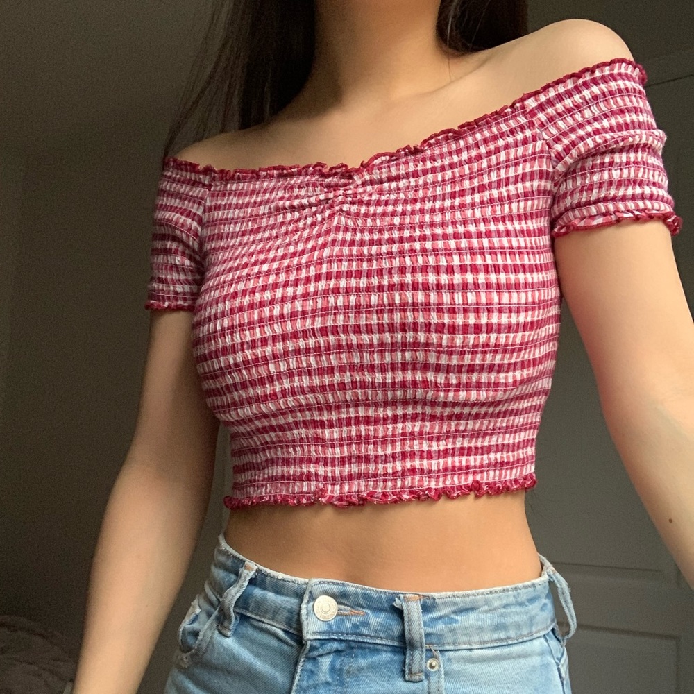 Red gingham off the shoulder top